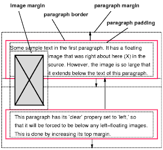 Image showing a floating image and the effect of 'clear: left' on the two paragraphs.